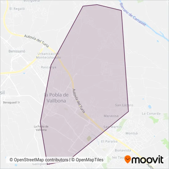 Mapa del área de cobertura de Transport urbà de la Pobla de Vallbona (PoblaBus)