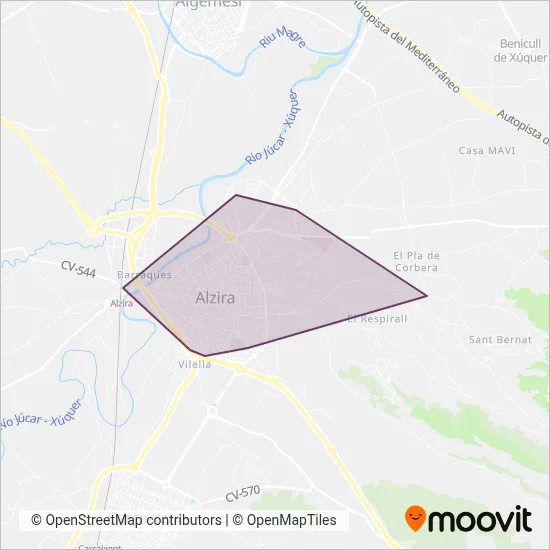 Mapa del área de cobertura de Transport urbà d'Alzira (Alzibus)