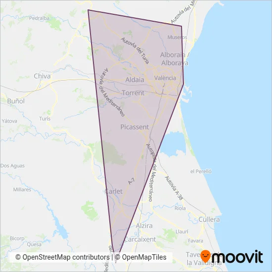 Mapa del área de cobertura de Metro Valencia