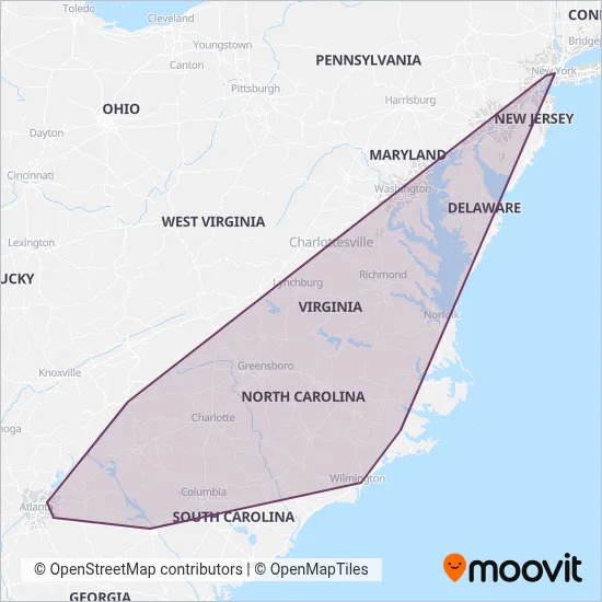 Mapa del área de cobertura de Greyhound-us