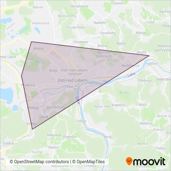 Dopravní podnik města Ústí nad Labem a.s. (Cable Car) coverage area map