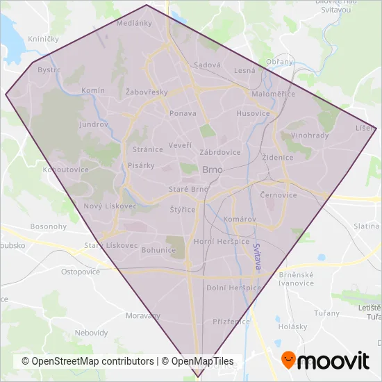 IDS JMK (Data from: KORDIS JMK, DPMB) - Tram coverage area map