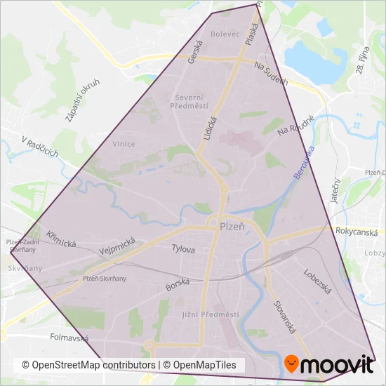 Plzeňské městské dopravní podniky, a.s. (Tram) coverage area map