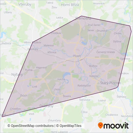 Plzeňské městské dopravní podniky, a.s. (Bus) coverage area map