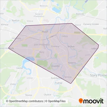 Plzeňské městské dopravní podniky, a.s. (Cable Car) coverage area map