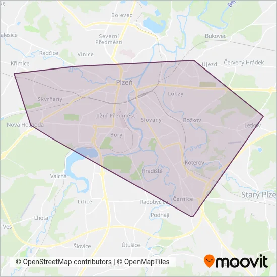 Plzeňské městské dopravní podniky, a.s. (Cable Car) coverage area map