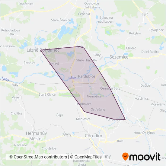 Dopravní podnik města Pardubic a.s. (Cable Car) coverage area map