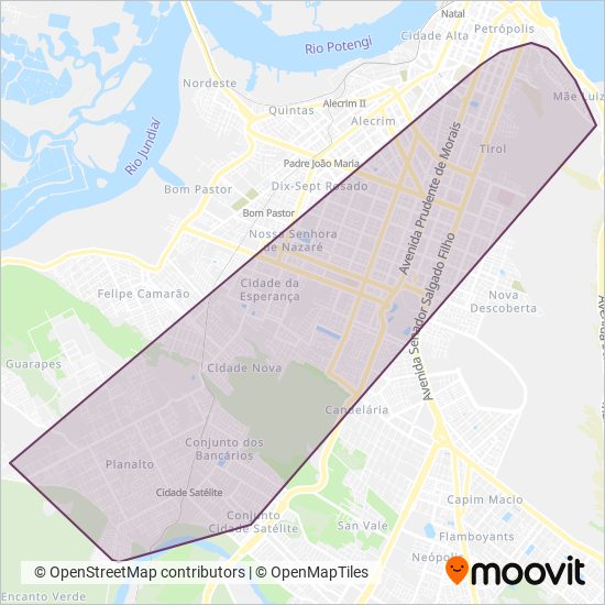 Mapa da área de cobertura da Transportes Cidade do Natal