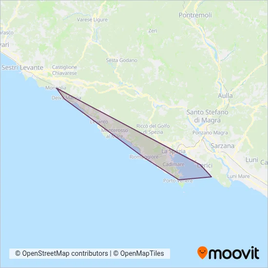 Area coperta dal servizio di Consorzio Marittimo Turistico Cinque Terre - Golfo dei Poeti