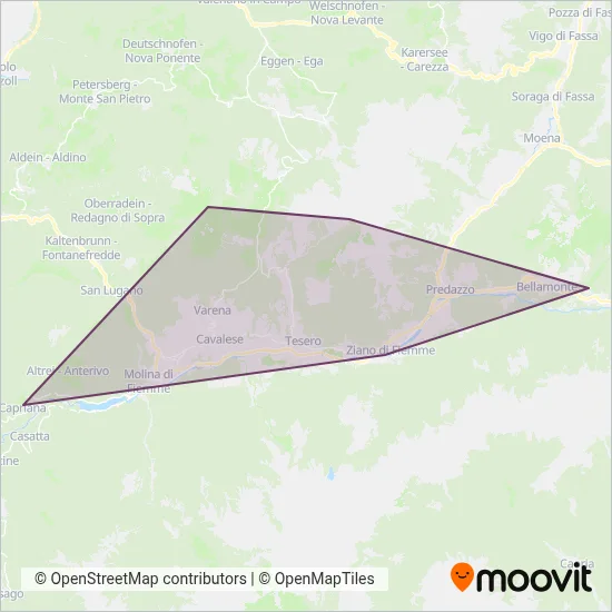 Area coperta dal servizio di SkiBus Val Di Fiemme