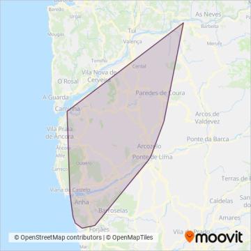 Área de cobertura no mapa do(a) Auto Viação do Minho