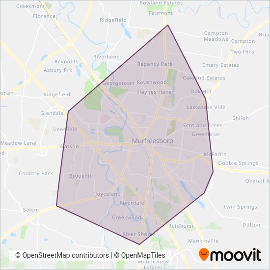 Mapa del área de cobertura de Murfreesboro Transit