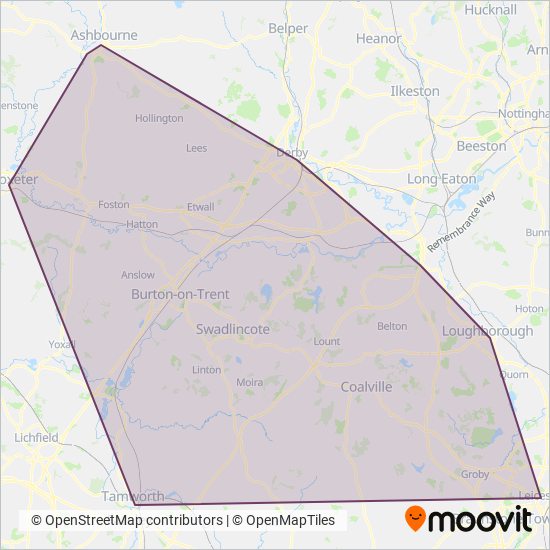 Diamond Bus East Midlands coverage area map