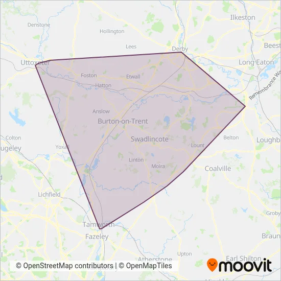 Diamond Bus East Midlands coverage area map