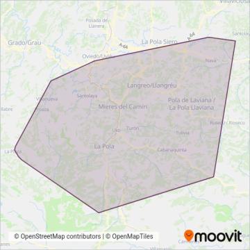 Mapa del área de cobertura de Transportes Bimenes