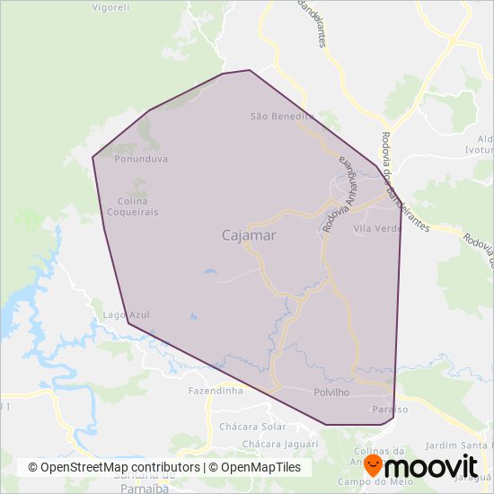 Mapa da área de cobertura da Auto Viação Urubupungá (Cajamar)