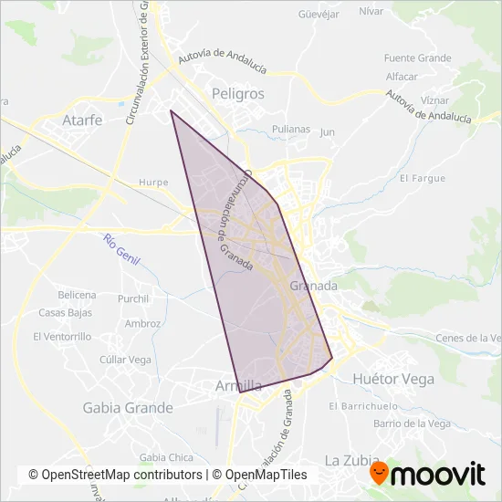 Mapa del área de cobertura de Metro de Granada (Metro)