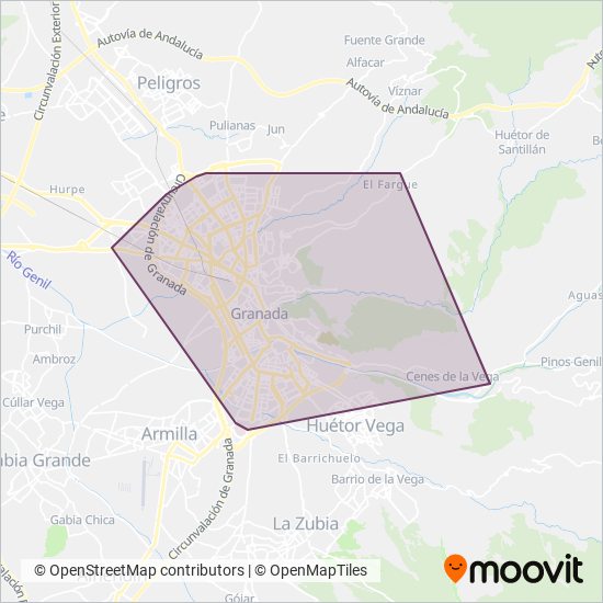 Mapa del área de cobertura de Bus urbano Granada