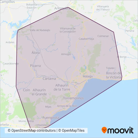 Red de Consorcios de Transporte de Andalucía - Área de Málaga coverage area map