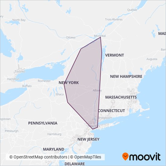 Mapa del área de cobertura de Adirondack Trailways