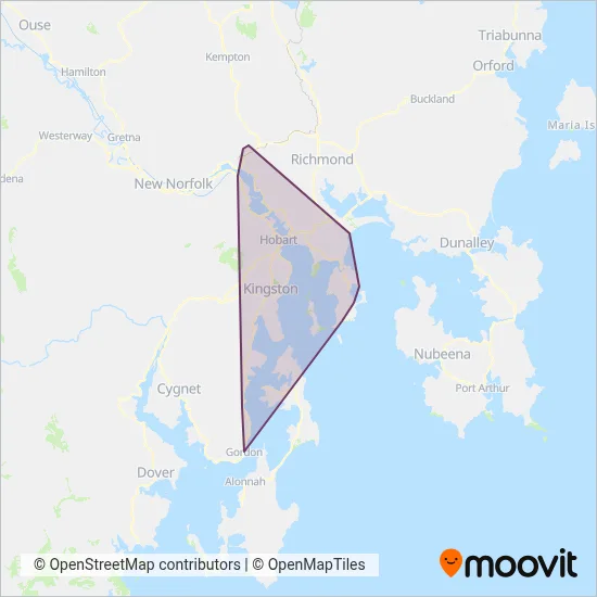 Mapa del área de cobertura de Metro Tasmania