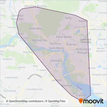 Mapa oblasti pokrytia Dopravný podnik Bratislava (Autobus)