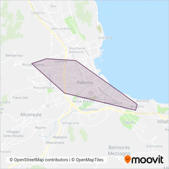 Area coperta dal servizio di AMAT Palermo (Tram)