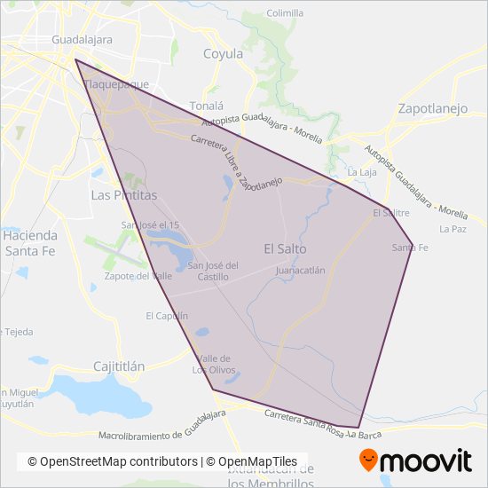 Mapa del área de cobertura de TransBus El Salto