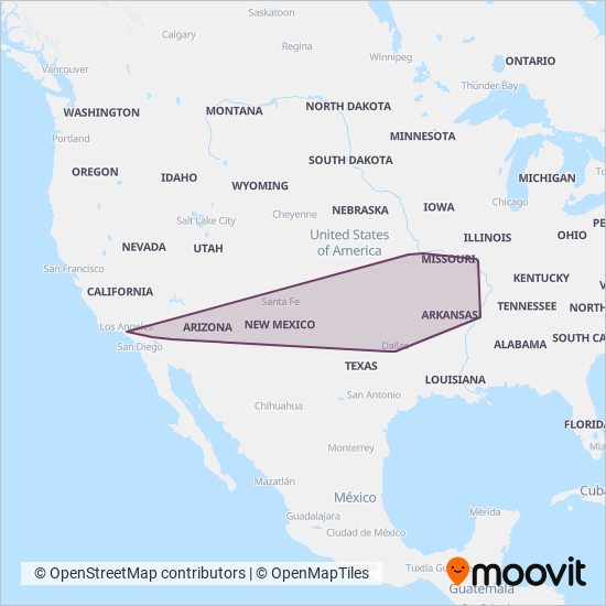 Mapa del área de cobertura de Greyhound-us