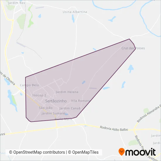 Mapa da área de cobertura da Sertanezina Turismo