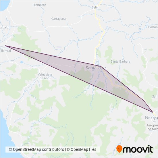 Mapa del área de cobertura de Transporte Inteligente de Guanacaste