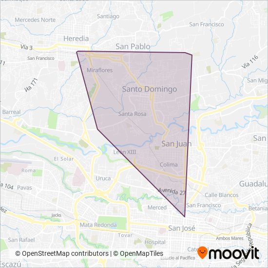 Mapa del área de cobertura de Microbuses Rápidos Heredianos S.A.