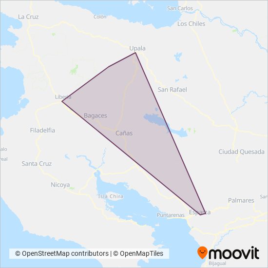Mapa del área de cobertura de Transnorte de Upala