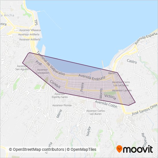 Mapa del área de cobertura de Ascensores de Valparaiso