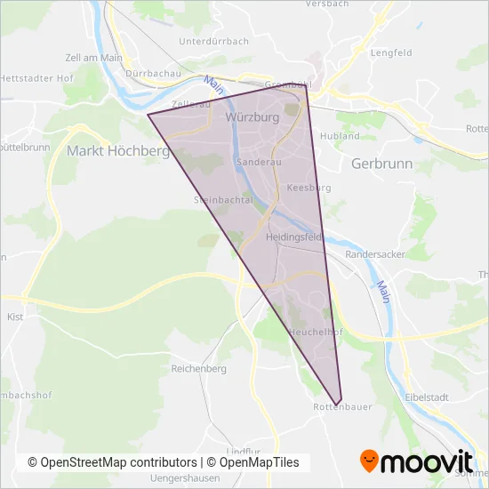 Würzburger Straßenbahn (Tram) coverage area map