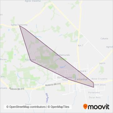 Mapa da área de cobertura da Transportes Cidade Nova