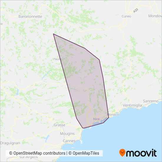 Carte de la zone de couverture de Lignes d'Azur (Bus)