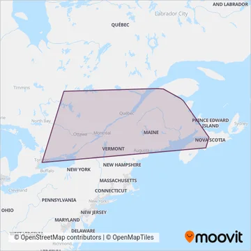 Carte de la zone de couverture de VIA Rail (Train)