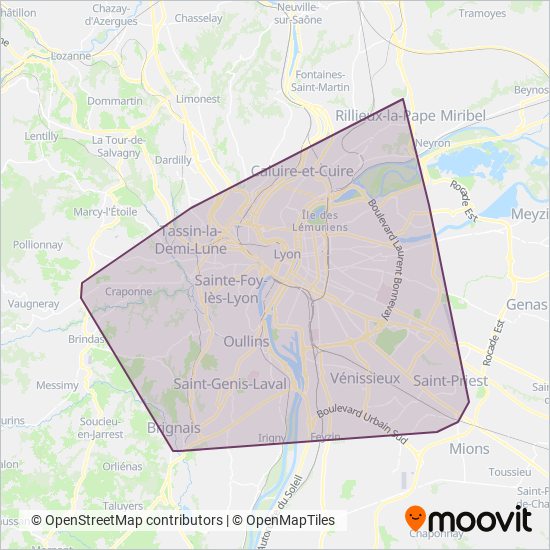 Carte de la zone de couverture de TCL – Bus service renforcé