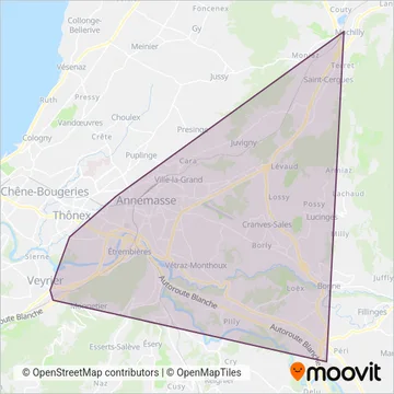 Carte de la zone de couverture de Transports Publics de l'agglomération d'Annemasse