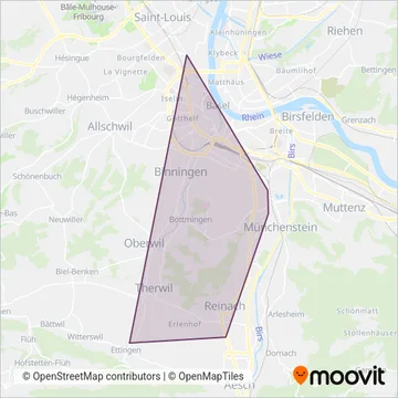 Carte de la zone de couverture de Baselland Transport (Tram)