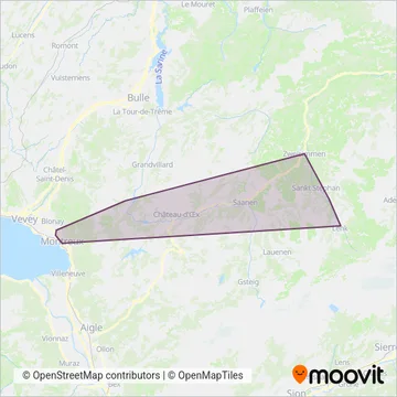 Carte de la zone de couverture de Montreux-Oberland Bernois (Train)