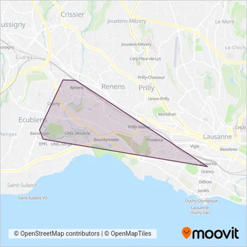 Carte de la zone de couverture de Transports Publics de la Région Lausannoise sa (Métro)