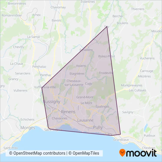 Carte de la zone de couverture de Transports Publics de la Région Lausannoise sa (Bus)