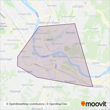 Carte de la zone de couverture de Basler Verkehrsbetriebe (Tram)
