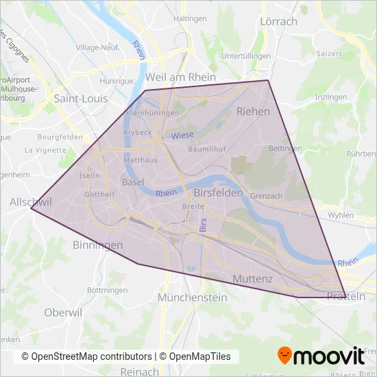 Basler Verkehrsbetriebe (Tram) coverage area map