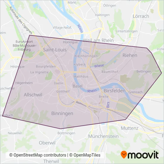 Basler Verkehrsbetriebe (Bus) coverage area map