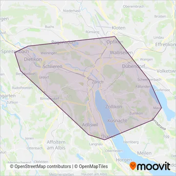 Carte de la zone de couverture de Verkehrsbetriebe Zürich (Bus)