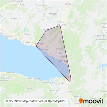 Carte de la zone de couverture de Transports publics Vevey-Montreux-Chillon-Villeneuve
