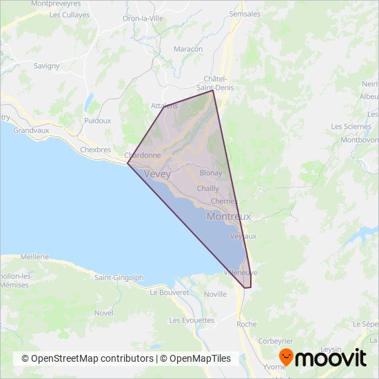 Transports publics Vevey-Montreux-Chillon-Villeneuve coverage area map